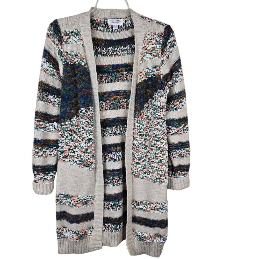 Kamana Cardigan Sweater S Open Front Long Beige Multicolor Stripe 3D Spots Fuzzy